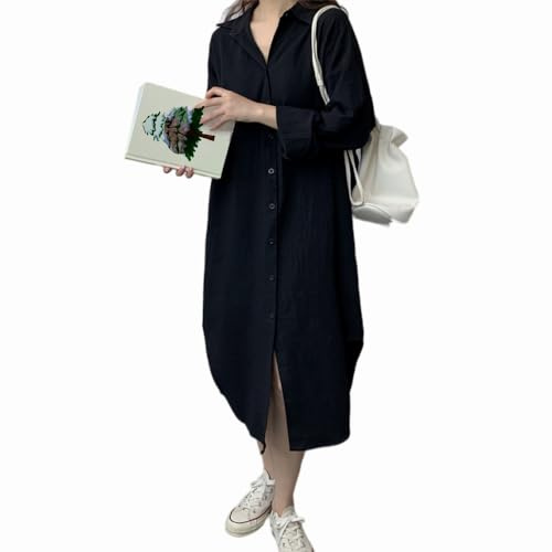 Women Oversized Button Down Shirts Office Drop Shoulder Blouse Long Sleeve Boyfriend Dress Shirt with Pockets (Black,L) SD171