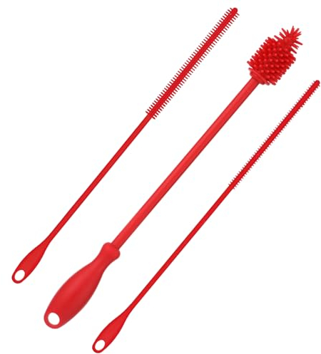 3 Stück Strohhalmreiniger und Flaschenbürste, Silikon Strohhalm Reinigungsbürste Wiederverwendbar Langes Flaschenreinigungswerkzeug BPA-frei Flexibles Flaschenwaschzubehör für Glaswaren (Rot)