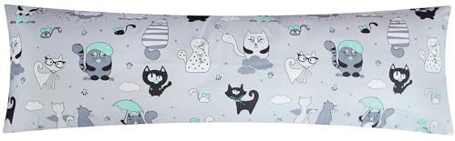 Heubergshop Renforcé Seitenschläferkissen Bezug 40x145cm - Katzen, Grau, Grün - 100% Baumwolle, Kissenbezug, Kinder (BS Katzen Grün)