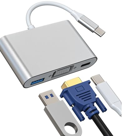 USB C to VGA USB Type-C 3in1 Hub for TV Splitter Digital AV Port Converter for Apple iPhone15 for iPad Macbook Thunderbolt OTG Adapter Cable Projector Monitor Sync Screen Mouse Charger Connector Cord