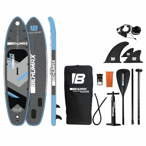Tabla de Paddle Surf Be Wave Carbon 10.6 hasta 140kg, 320x81x15cm, Remo, hinchador, Mochila, 3 Aletas, Kit de reparación