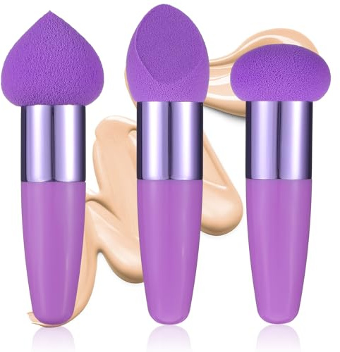 Sibba 3 spugnette per trucco, per il viso, con manico bagnato e asciutto, riutilizzabili, per fondotinta, fondotinta, blush, crema (viola)