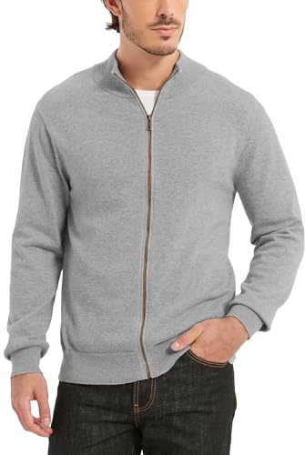 Kallspin Manteau en coton à zip pour homme avec col en V, tricoté, manches longues, veste en maille décontractée, gris clair, L