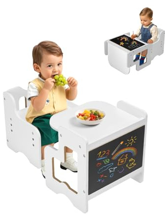 VEVOR Ensemble Table et Chaises pour Diversification Alimentaire Enfants, Mobilier pour DME en Bois avec Tableau Noir, Table de Sevrage Hauteur Réglable, pour Dessiner Lire Manger, Tout-Petits, Blanc