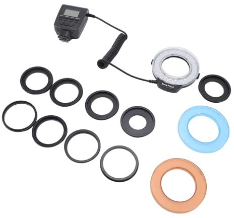 Macro LED Macro Flash Luz con Pantalla LCD y 48 LED, Luz Continua y Estable para Cámaras DSLR, Adaptadores Incluidos