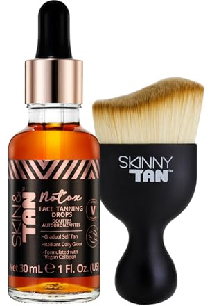 Skinny Tan Self-Tanning Face Drops – Customisable Self Tanner – Natural-Looking Fake Tan for Face – Gradual Face Self Tan Serum with Vegan Collagen 30ml Plus Miracle Brush Bundle.
