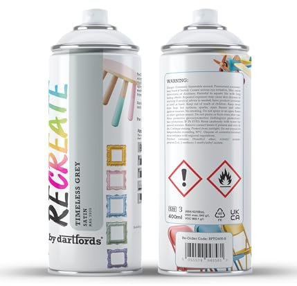 RECREATE Timeless Grey Satin Spray Paint for Wood, Metal, Plastic | Quick Drying, Smooth, Durable, Easy-to-Apply | Suitable for Indoor / Outdoor | For Furniture, Craft, Doors, Ornaments, Pots, Frames
