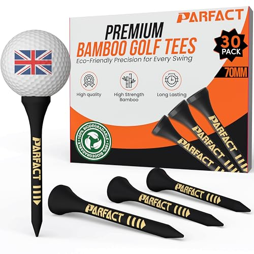 ParFact Golf Tees Wooden | Pack of 30 | Durable Biodegradable Bamboo Golf Tees 70mm Size with Height Markings | Eco-Friendly for Beginners & Pros (BLACK)