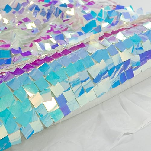 Iridescent Mermaid Sequin Fabric, Holographic Square Scales, 130cm Wide, Supplied by The metre as one Continuous Length (White Net, Sample)