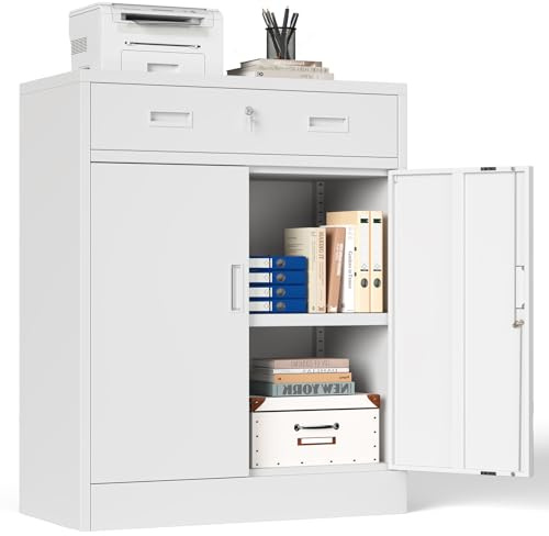 Aktenschrank, Mehrzweckschrank, Büroschrank mit 2 Türen, Schrank abschließbar, Aufbewahrungsschrank Stahl, 1 Schublade und 1 Verstellbarer Einlegeboden für Büro, Garage(Weiß, 90 * 80 * 40)