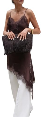 Seyurigaoka Silk Lace Trim Camisole Tops for Women Satin Layering Asymmetrical Tops Lace Patchwork Cami Tank Slip Dress (A Brown, S)