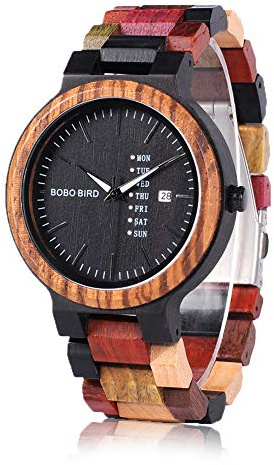 BOBO BIRD Natural Wood Watch Colorful Mens Wooden Watches Week & Date Display Japanese Quartz Movement Chronograph Unique Wristwatch for Men