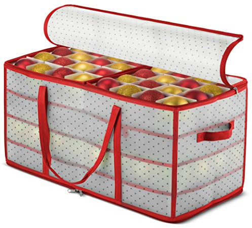 ZOBER Christmas Ornament Storage Box - Stores 128 Ornaments W/ 2 Sided Zipper - Flexible Plastic Christmas Ornament Storage Containers - 3 Inch Cube Compartments - Red