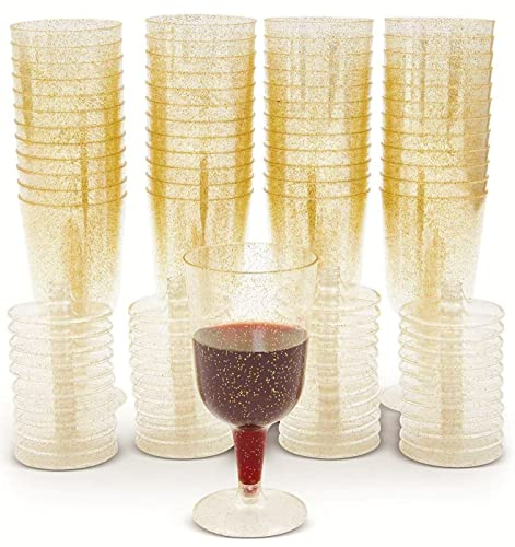 LATERN 50 Piezas Brillo Dorado Copas de Vino, 170ml Copas de Cata de Vino de Plástico Copas de Vino de Fiesta con Tallo Reutilizables Tazas de Postre para Whisky, Champán, Cerveza, Pudín, Mousse