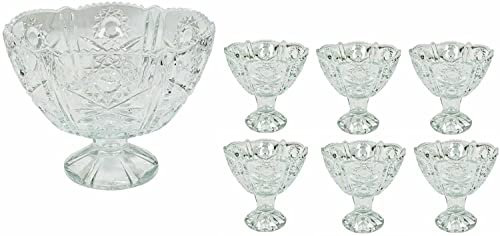 Reldor Vintage Ice Cream Glass Bowls Set of 7, Trifle Dessert Fruit Footed Glass Bowls, Sundae Serving, Crystal Look Dishes Decorative, Ideal for Ice Cream, Dessert, Fruits, Pudding, Appetizer