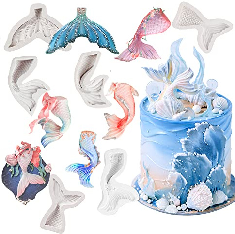 KALAIEN 6 Pack Mermaid Tail Mold Silicone Cake Fondant Mold Mermaid Theme Cupcake Toppers Mold for Candy,Chocolate,Fondant