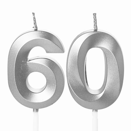 YAAVAAW Velas de 60 cumpleaños – Vela número 60 para pastel, velas plateadas de 60 cumpleaños, decoración para tartas para niños de 60 años, Inodoro