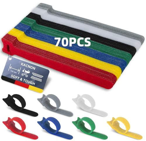 KACNON 70 Pezzi Bridas Reutilizables para Cables, Siete Colores Organizador Cables Corbatas Correa, 150 x 12 mm Ajustable Ataduras con Nylon Gancho y Lazo, para Hogar y Oficina