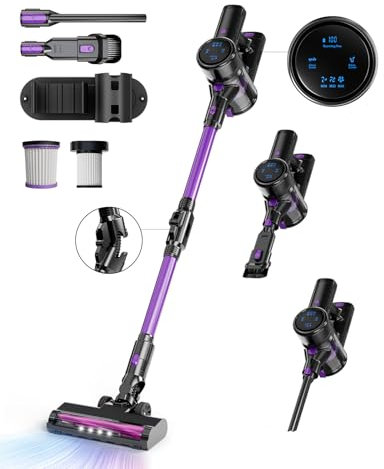 Cyansharp Aspiradora sin Cable, 28KPA Aspiradora Escoba sin Cable Potente 40 Minutos en Modo Automático, Aspirador Inalámbrico Manguera metálica Plegable para Suelo/Alfombra/Pelos de Animales(Morado)