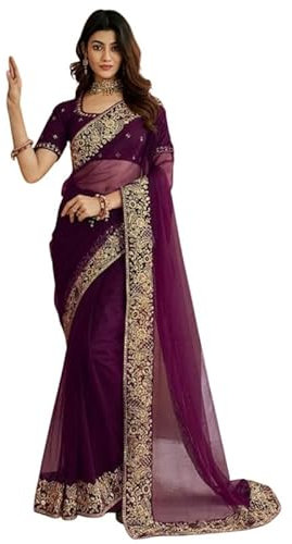 IMTRA FASHION Netz Sari Für Frauen Indisches Ethnisches Kleid Hochzeitsgeschenk Stickerei Sari Mit Ungesäumtem Blusenstück - Violett