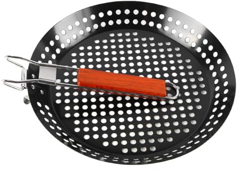 Nicear BBQ Klappbare perforierte Grillpfanne 12 Zoll Antihaftbeschichtung mit klappbarem Holzgriff Camping Kochgeschirr für Outdoor-Grill Grillplatte BBQ Bratpfanne