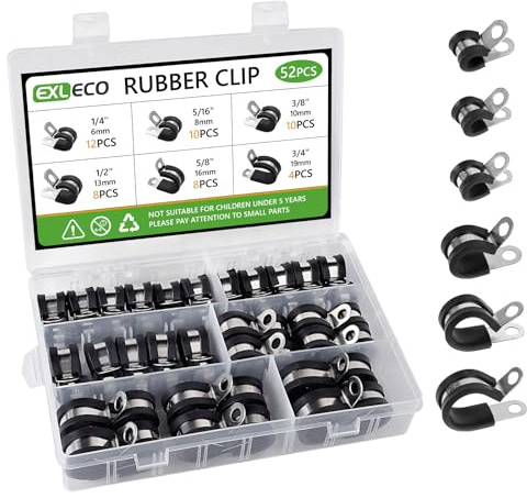 EXLECO 52 pcs Kabelschellen zum Schrauben Kabelklemmen Edelstahl Kit Gummi P Clips Rohrschellen mit Gummieinlage Schellen mit Gummi Leitungsschelle für Rohr Leitung Draht 6mm 8mm 10mm 13mm 16mm 19mm