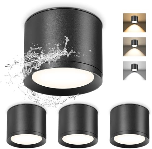 GeyouLux LED Aufbauspots IP44 3CCT Deckenspots Schwarz inkl. 7W 800LM LED Leuchtmittel 3000K/4500K/6500K Aufbauleuchte Aufputz Spots Aufbaustrahler für Badezimmer, Flur, Wohnzimmer Rund 4 Stück