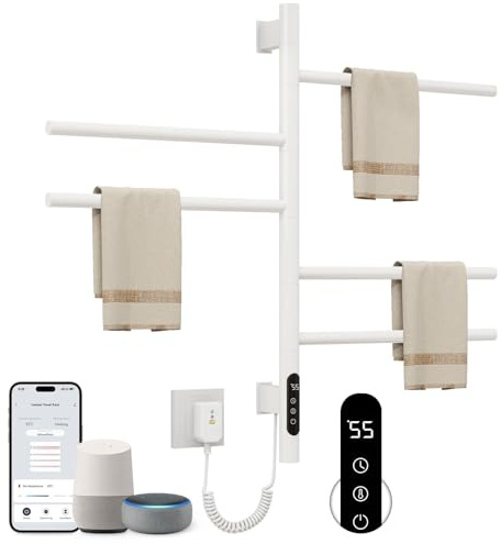 SKYLYZH Scaldasalviette Elettrico Bagno Rotazione di 180° Termoarredo Elettrico Bagno 415×680mm 85W WiFi Bianco Scalda Salviette da Bagno Elettrico per Alexa e Google Home e APP-G63 WiFi White