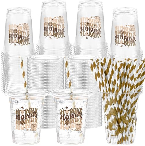 Yungyan 50 Sets Western Cowboy Plastic Cups with Lids and Straws 16 oz