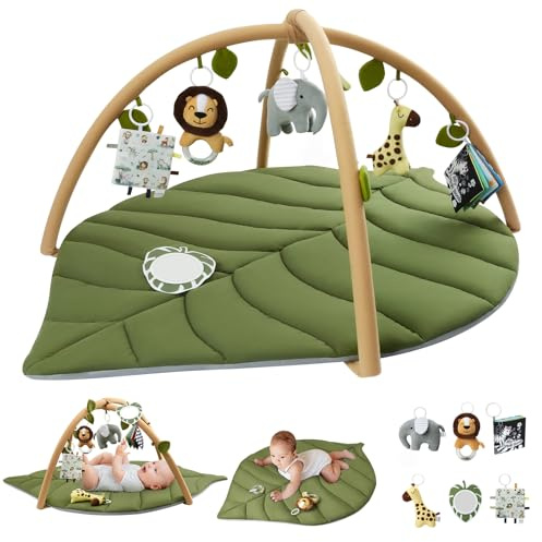 Blissful Diary Spielbogen Baby, Übergroßes Blattförmiges Spieldecke Baby Gym Activity Decke mit 6 Abnehmbare Spielzeuge, krabbeldecke Unverzichtbare Babygeschenke, Waldgrün