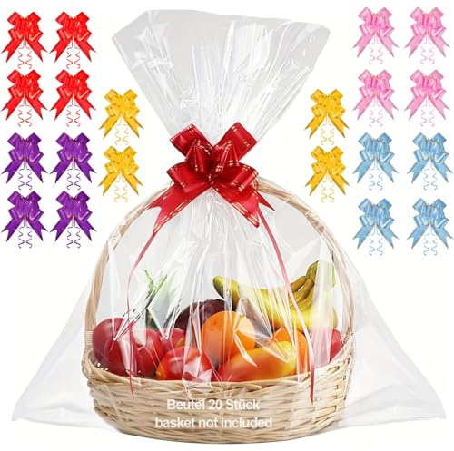 Set di 20 pellicole trasparenti da regalo, 60 x 80 cm, sacchetti di cellophane extra grandi, con 20 fiocchi a forma di papillon in 5 colori, pellicola trasparente, per regali, sacchetti per fiori