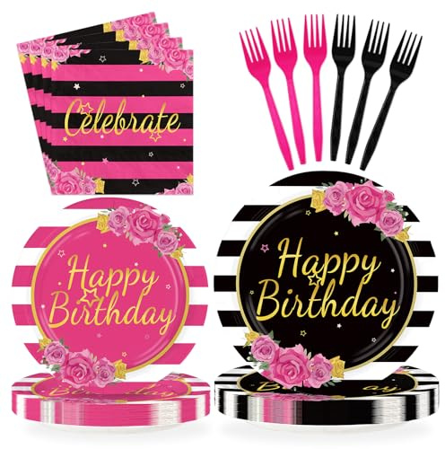 Greencian 96Pcs Black and Pink Birthday Party Supplies Happy Birthday Plates and Napkins Hot Pink Rose Black White Stripe Tableware Set for Girls Women Couple Birthdays Party Supplies Serves 24