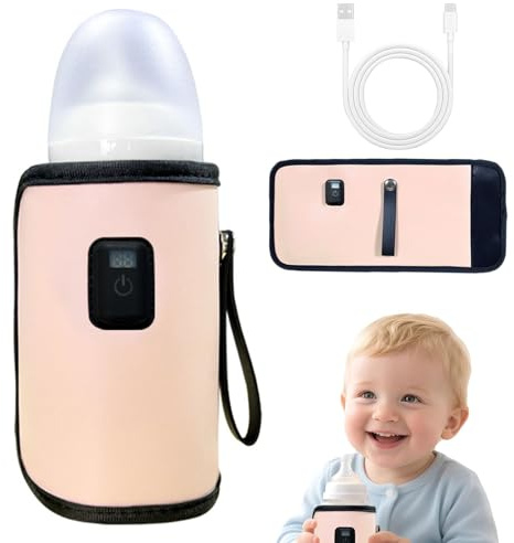 Calentador de Biberones Portátil Calentador de Biberones USB 7 Temperaturas Ajustables Calentador de Biberones con Pantalla LCD Calentador de Botella de Viaje USB para Leche Caliente (Rosa)