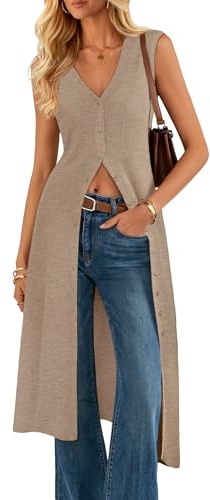 ZESICA Women's Sleeveless Long Cardigan Sweaters 2026 Summer V Neck Oversized Button Knit Duster Vest Top Beach Cover Up Khaki Small
