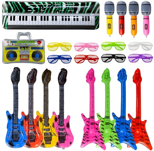 22 PCS Inflatable Party Props Set, 80s 90s Themed Inflatable Instruments | Inflate Guitar Bass Microphone, Radio Piano Glasses, for Disco Birthday Carnival Photo Booth Family Party Decoration