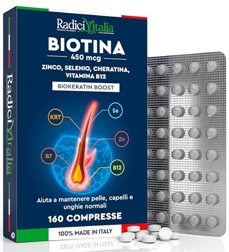 Biotine Zinc et Sélénium 450mcg Complément Vitamine B12 160 Comprimés Maintien Cheveux Peau et Ongles Sains avec Kératine Biokeratin Boost pour Cheveux Élastiques Robustes RadiciVitalia Made in Italy