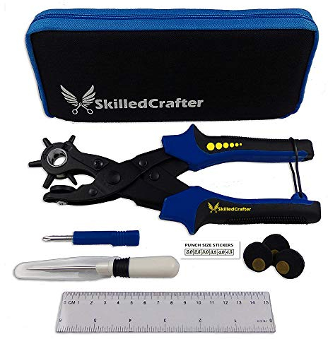 Skilled Crafter Leather Belt Puncher with Case. Heavy Duty Revolving Punch With 6 Round Hole Sizes to Choose From. Includes Useful Accessories. Professional Quality Set + Exceptional 2 Year Warranty