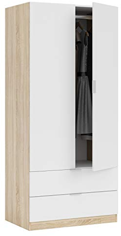 Habitdesign, Kleiderschrank mit 2 Drehtüren und 2 Schubladen – kompakter Schrank in Artik weiß und kanadischer Eiche, viel Stauraum, Maße: 81 x 180 x 52 cm (B x H x T), Modell Low Cost