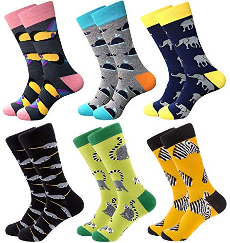 Mens Colorful Dress Socks - Funky Pattern Socks Novelty Smart Design Cotton Casual Calf Socks 6 Pairs, UK6-11.5,Animal Series