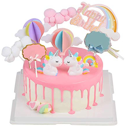 Unique Store Tortendeko Geburtstag, Cake Topper Einhorn Tortendekoration kuchendeko Set einschließlich Regenbogen, Ballon, Einhorn, Happy Birthday, Wolke für Kinder Geburtstag Baby Shower