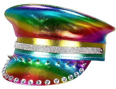 Boland 44760 - Regenbogen-Mütze mit Nieten, Schmucksteinen und Strass, Mehrfarbig, für Erwachsene, Kopfbedeckung, Hut, CSD, Karneval, Mottoparty