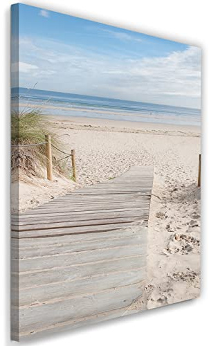 Feeby Vlies Leinwandbild XXL Dünen Holzweg Strand Ozean 80x120 cm Wandbild Kunst Bilder Schlafzimmer Deko Wohnzimmer Sand Natur Gras Meer Beige