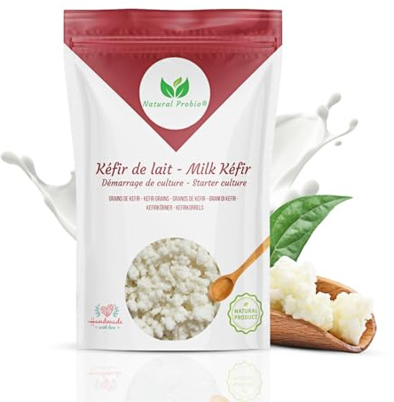 Natural Probio® Kéfir de leche, kit de inicio de cultivo de granos fermentados lácticos naturales, con leche certificada sin OGM, probiótico natural, instrucciones, receta y consejos (10g)