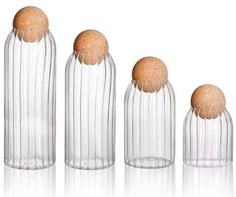 Eidoct 4 Pack Glass Jar with Wood Lid Ball, Different Sizes Clear Glass Jar, Food Storage Canister, Clear Candy Jars Decorative Organizer Bottle Containers (Ribbed Style)