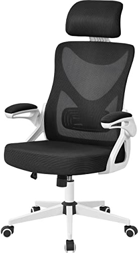 Abician Fauteuil de Bureau Ergonomique Chaise de Bureau en Maille à Haut Dossier avec Accoudoirs Relevables Appui-tête Support Lombaire Assise Réglable en Hauteur Blanc/Noir