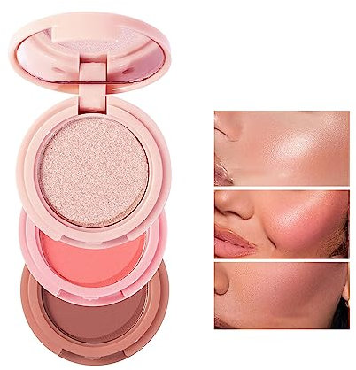 Paleta de Polvos Compactos de Maquillaje 3 en 1 con Brillo, Paleta de Iluminador de 3 Colores, 3 en 1 Kit de Colorete e Lluminador, Paleta de Colorete, Polvo de Rubor Facial con Brillo Brillante,#3