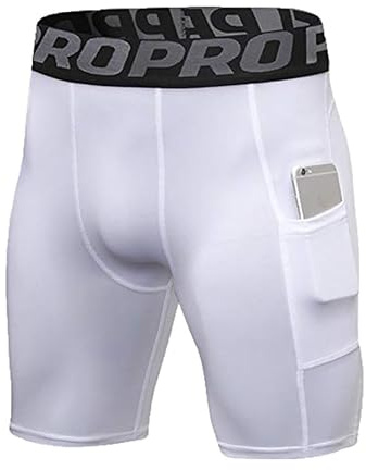 YUSHOW Lot de 3 Short Compression Homme - Cuissard Running Anti-frottement avec Poche Phone - Short de Sport Séchage Rapide pour Cycliste, Gym, Fitness, Rugby,1 Paquet-Blanc,L