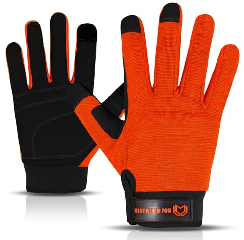 Säkerhetsarbetshandskar Slitstarka trädgårdshandskar för män Plug-Proof Vadderade Handflatan Pekskärmsskydd Andas Mekanisk Arbetsbyggare (Orange, XL)
