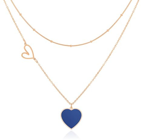 Linawe Collana a Strati da Donna, Collana con Ciondolo a Cuore in Acciaio Inossidabile e Oro Rosa, Set di Catene