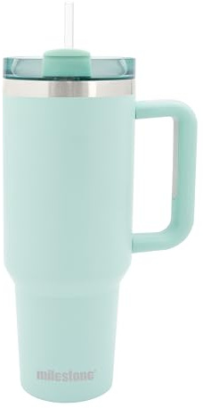 Milestone Travel Mug 40oz Tumbler with Straw, Handle & Lid/Large Capacity Insulated Stainless Steel Cup for Cold or Hot Drinks (Mint Green)